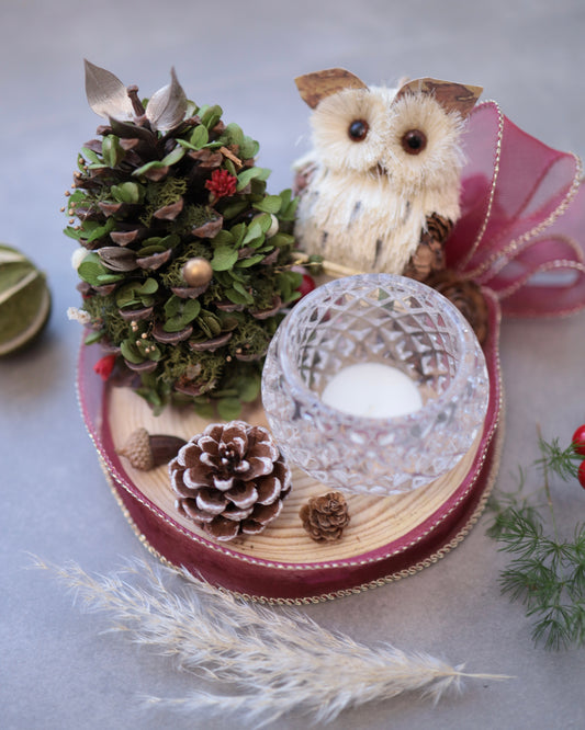 Christmas Candle Holder with Owl and Preserved Flowers